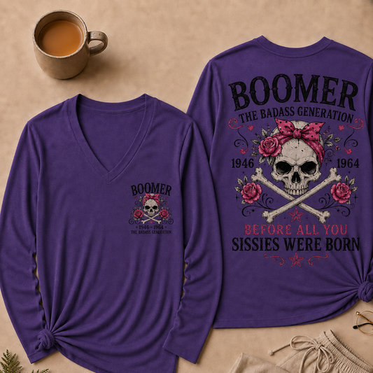 Boomer The Badass Generation V Neck Long Sleeve Shirt for Women, Funny Vintage Skull Graphic Tee, Retro 1946-1964 Generation Shirt