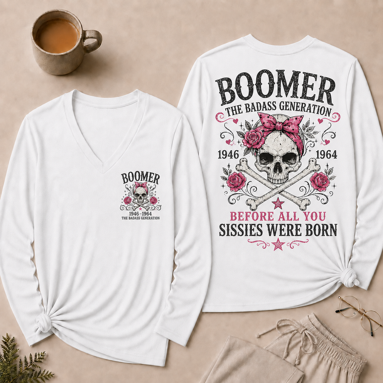 Boomer The Badass Generation V Neck Long Sleeve Shirt for Women, Funny Vintage Skull Graphic Tee, Retro 1946-1964 Generation Shirt