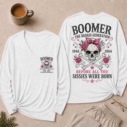 Boomer The Badass Generation V Neck Long Sleeve Shirt for Women, Funny Vintage Skull Graphic Tee, Retro 1946-1964 Generation Shirt