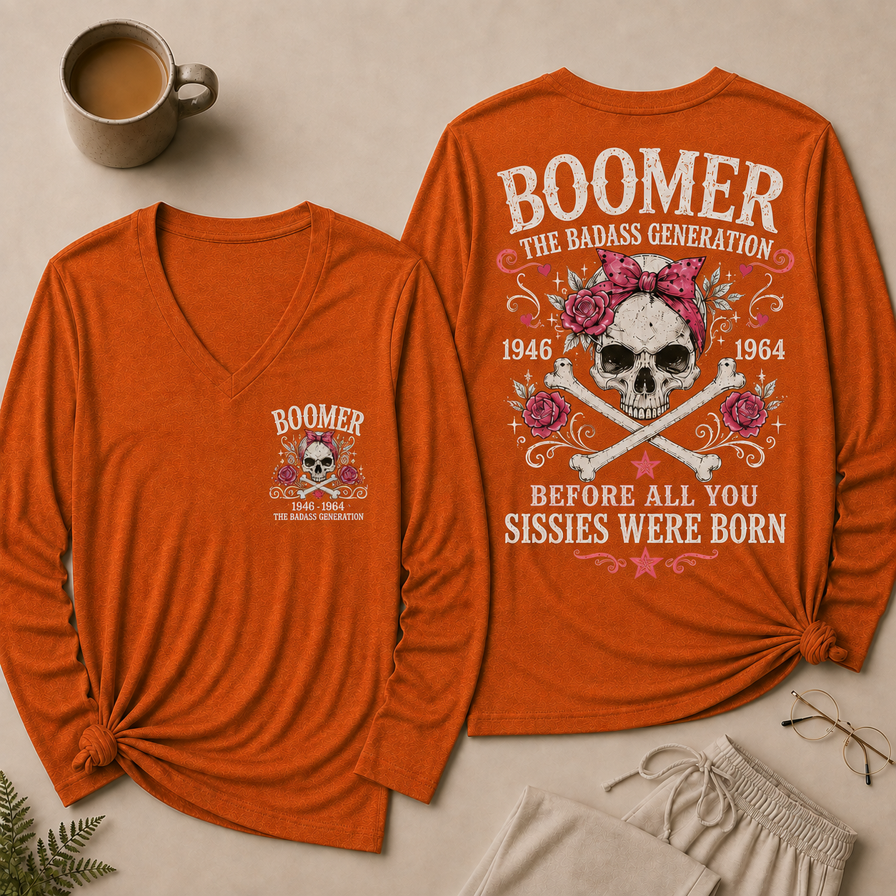 Boomer The Badass Generation V Neck Long Sleeve Shirt for Women, Funny Vintage Skull Graphic Tee, Retro 1946-1964 Generation Shirt