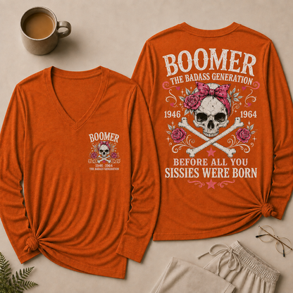 Boomer The Badass Generation V Neck Long Sleeve Shirt for Women, Funny Vintage Skull Graphic Tee, Retro 1946-1964 Generation Shirt