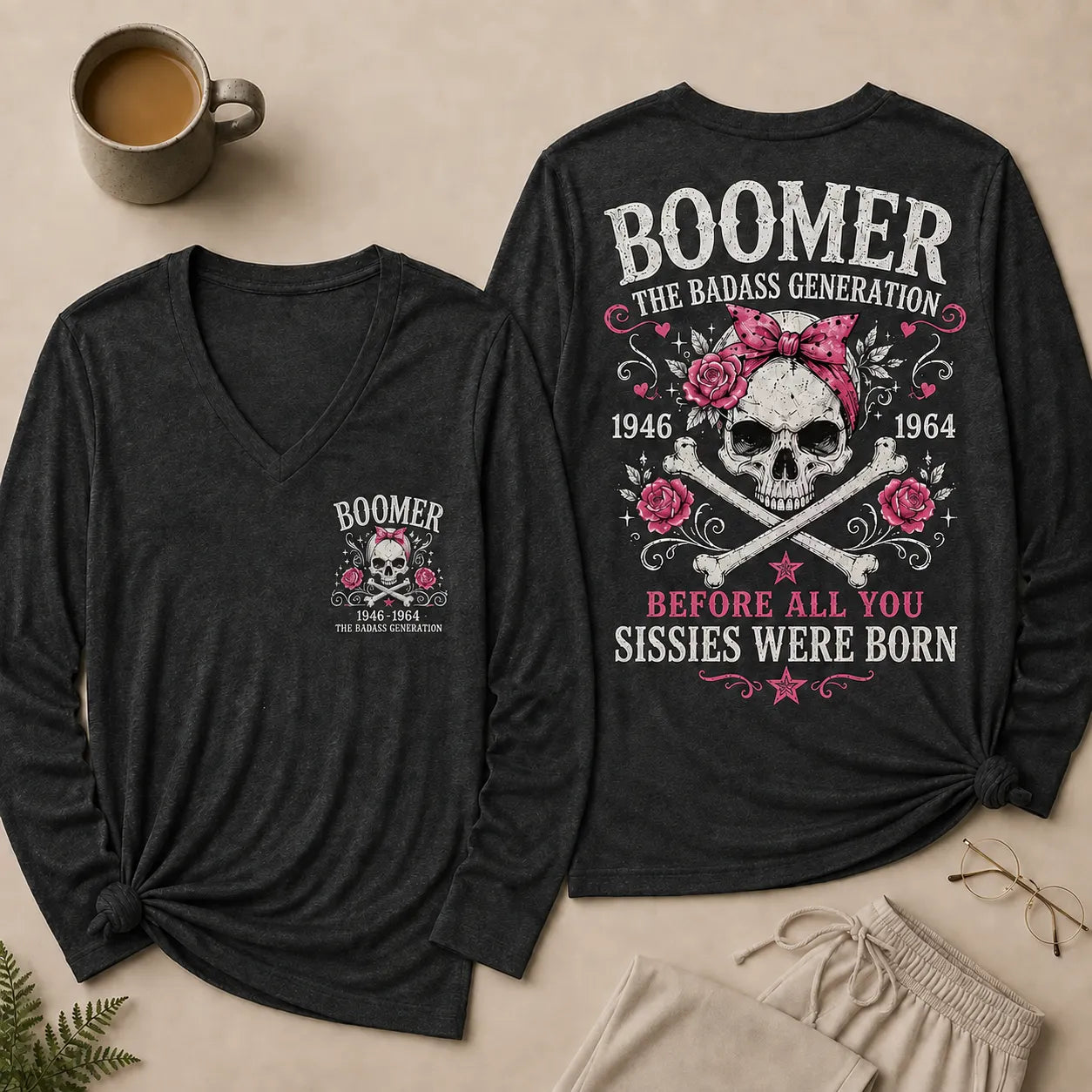 Boomer The Badass Generation V Neck Long Sleeve Shirt for Women, Funny Vintage Skull Graphic Tee, Retro 1946-1964 Generation Shirt
