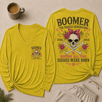 Boomer The Badass Generation V Neck Long Sleeve Shirt for Women, Funny Vintage Skull Graphic Tee, Retro 1946-1964 Generation Shirt