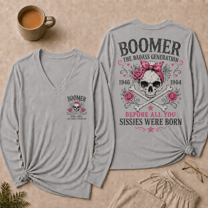 Boomer The Badass Generation V Neck Long Sleeve Shirt for Women, Funny Vintage Skull Graphic Tee, Retro 1946-1964 Generation Shirt