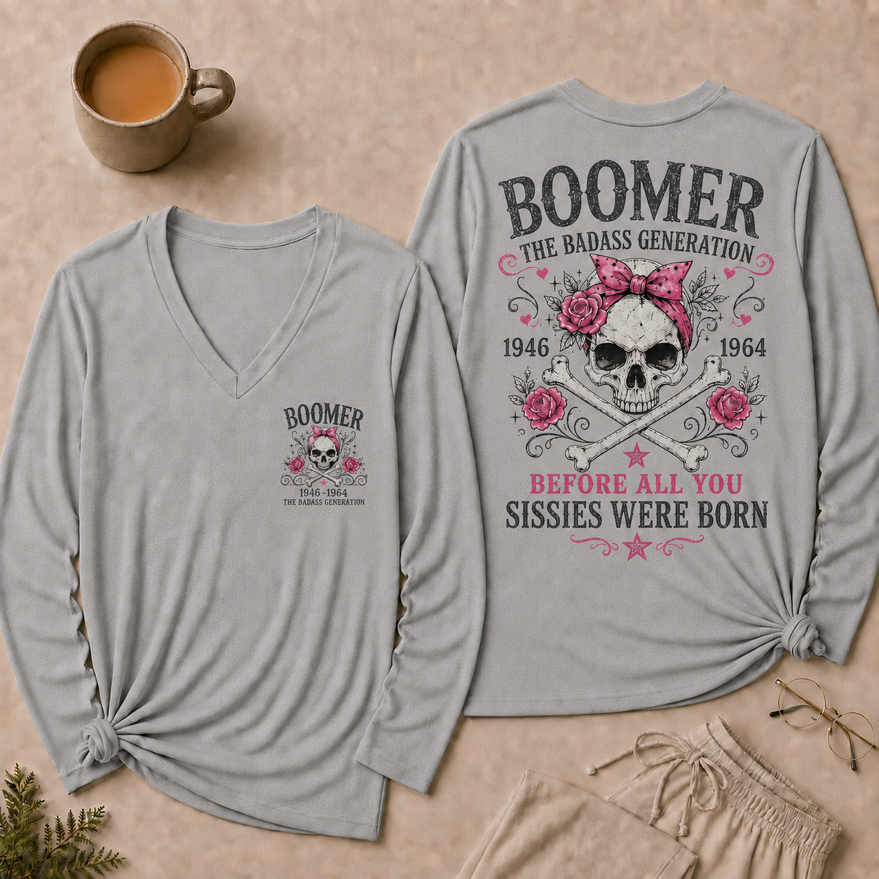 Boomer The Badass Generation V Neck Long Sleeve Shirt for Women, Funny Vintage Skull Graphic Tee, Retro 1946-1964 Generation Shirt