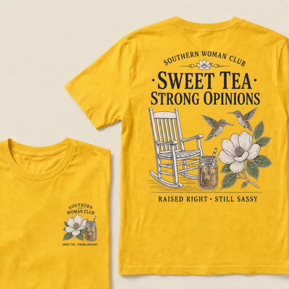 Southern Woman Club Sweet Tea Strong Opinions T-Shirt – Vintage Magnolia Graphic Tee For Southern Women