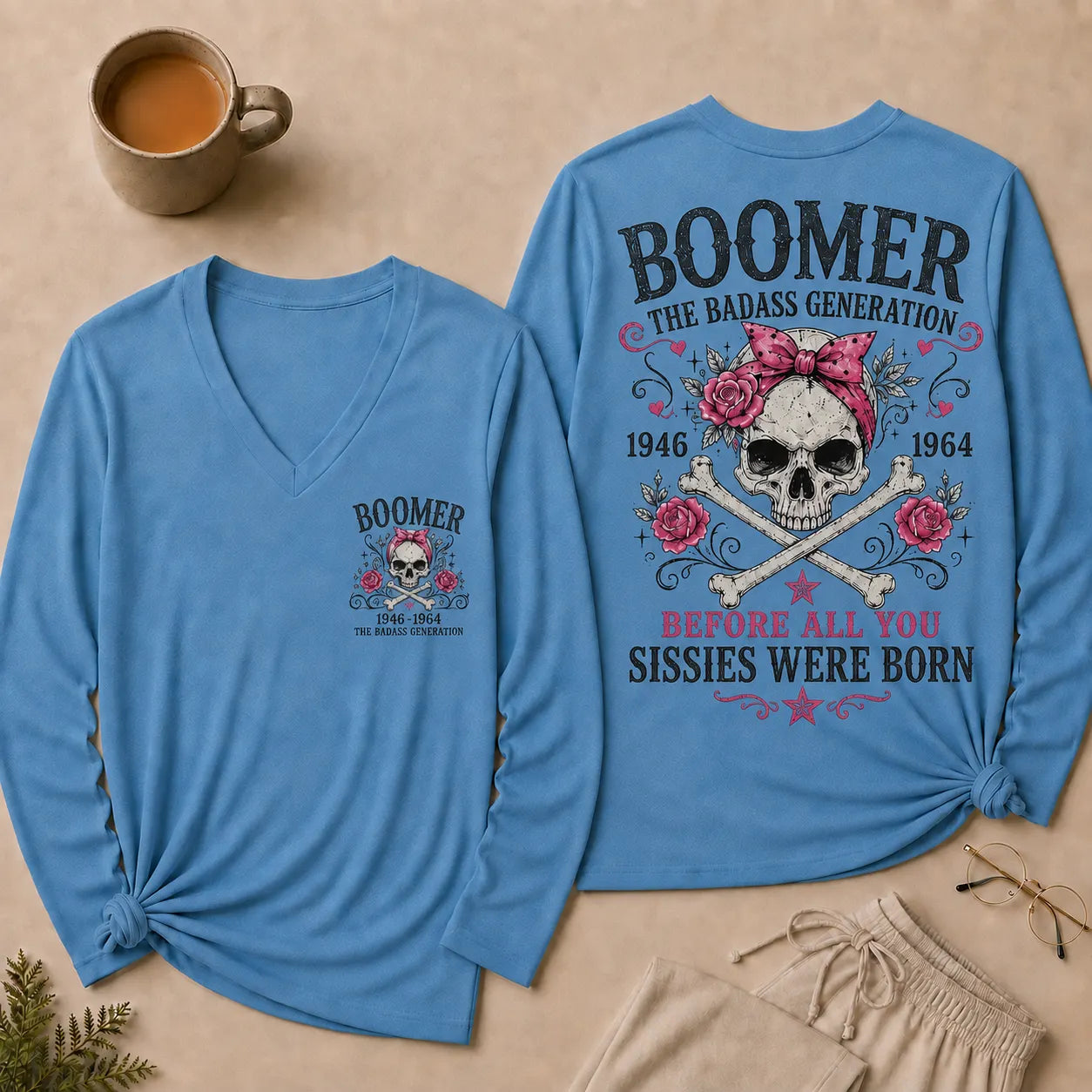 Boomer The Badass Generation V Neck Long Sleeve Shirt for Women, Funny Vintage Skull Graphic Tee, Retro 1946-1964 Generation Shirt